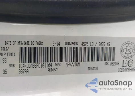 2015 Jeep Compass Sport/North from USA, damaged, VIN 1C4NJDAB6FD101104